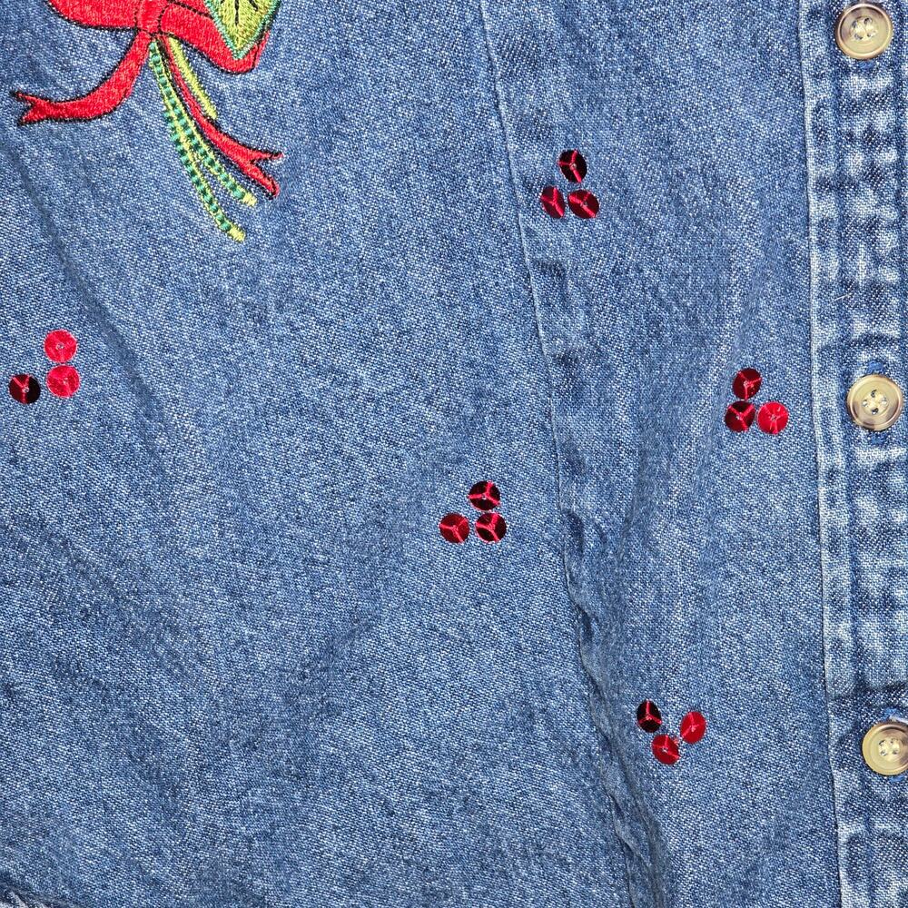 Westbound Womens Shirt Denim Top Red Flowers Embroidery Holiday School Sz M - Picture 7 of 8